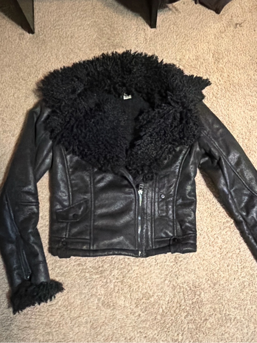 Cache Black Faux Leather Jacket with Shearling Collar